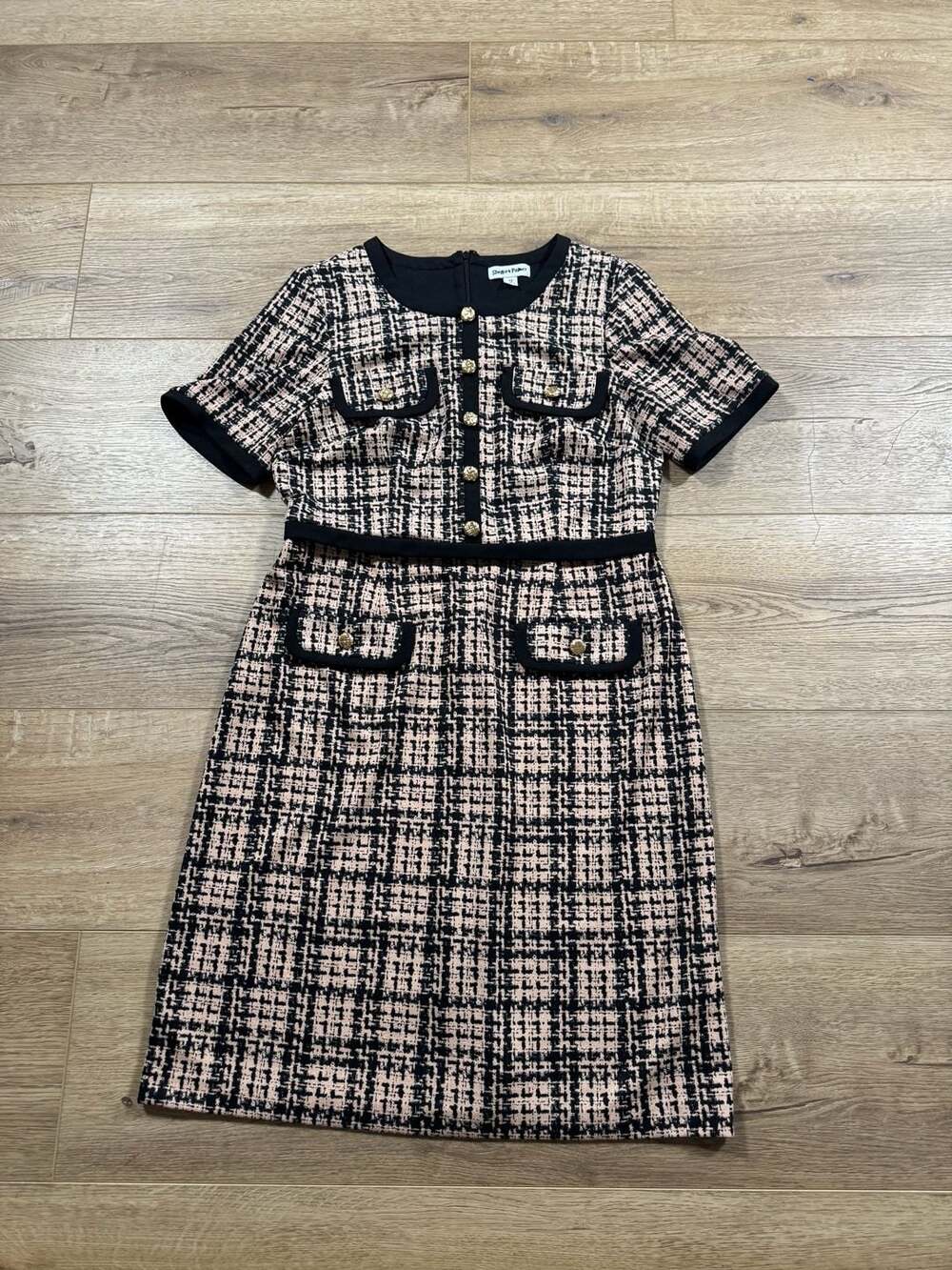 Shelby & Palmer Pink Black Plaid Tweed Sheath Dress Gold Button Trim Size 12 - Picture 4 of 16